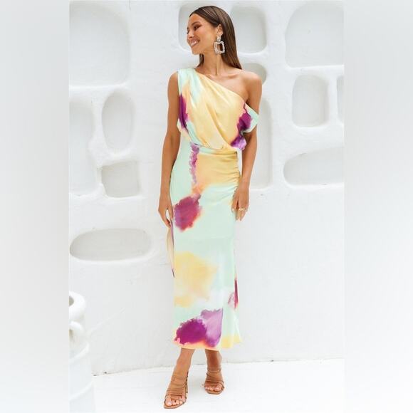 Hello Molly Talk To Me Midi Dress Size 8 – One Shoulder Satin Pastel Print - Picture 1 of 11